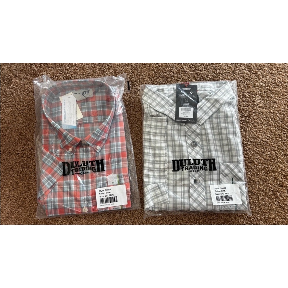 Two Duluth Trading Co Men's Casual Plaid Shirts - Reddish/orange and Gray